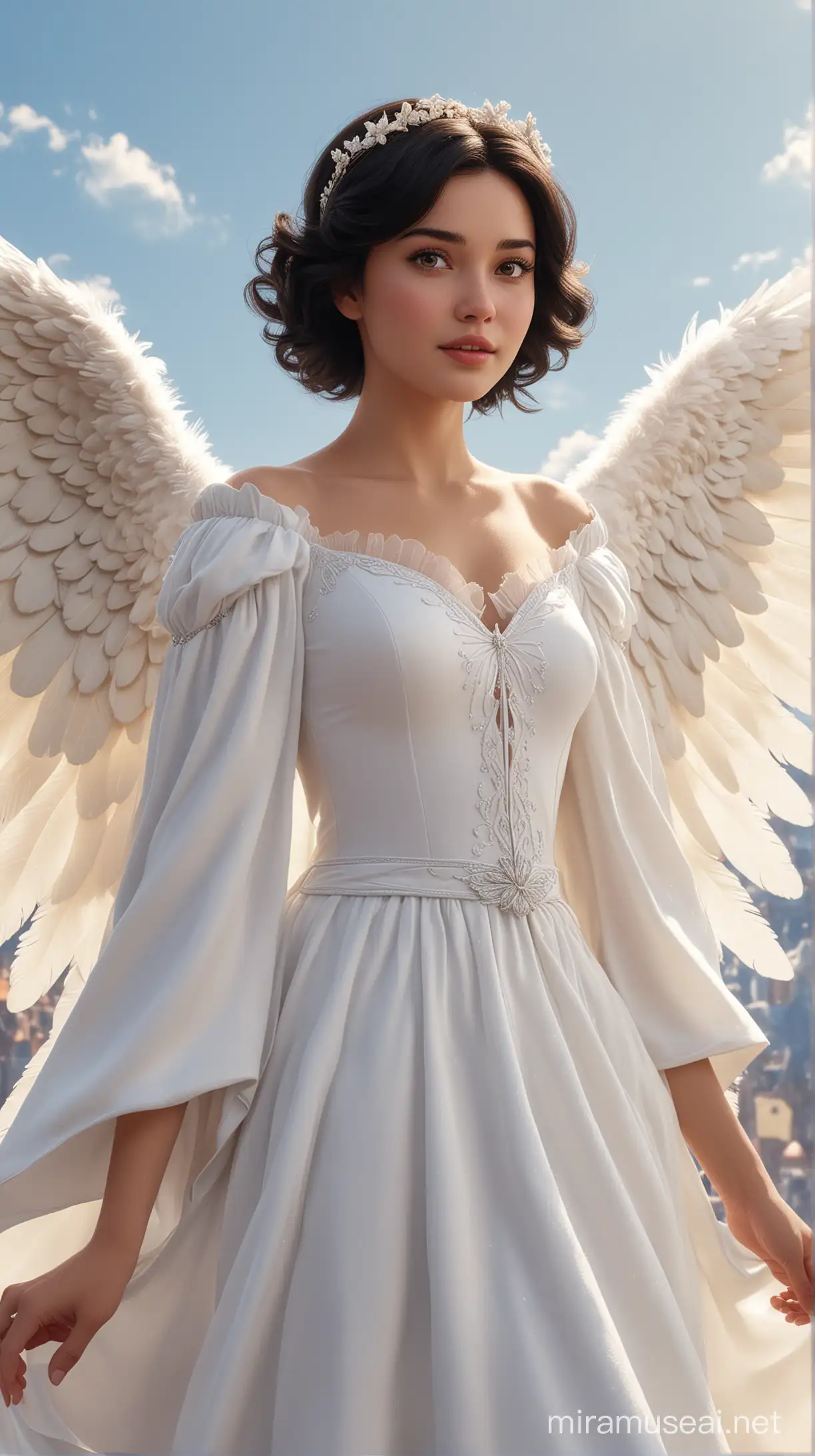 in the sky natural background  there are disney princess Snow-White  Germany 18-years and Black bob hair and brown eyes and celestial white dress and with large white angel wings face beautiful 8k re solution ultra-realistic
