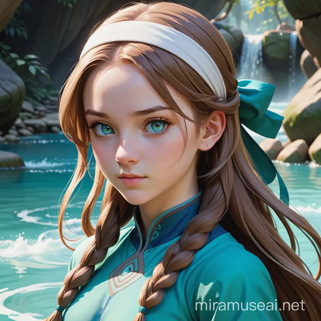 In the art style of Avatar: The Last Airbender, a female water-bender with pale skin, long light brown hair with a white headband, blue-green eyes, blue clothing, average height