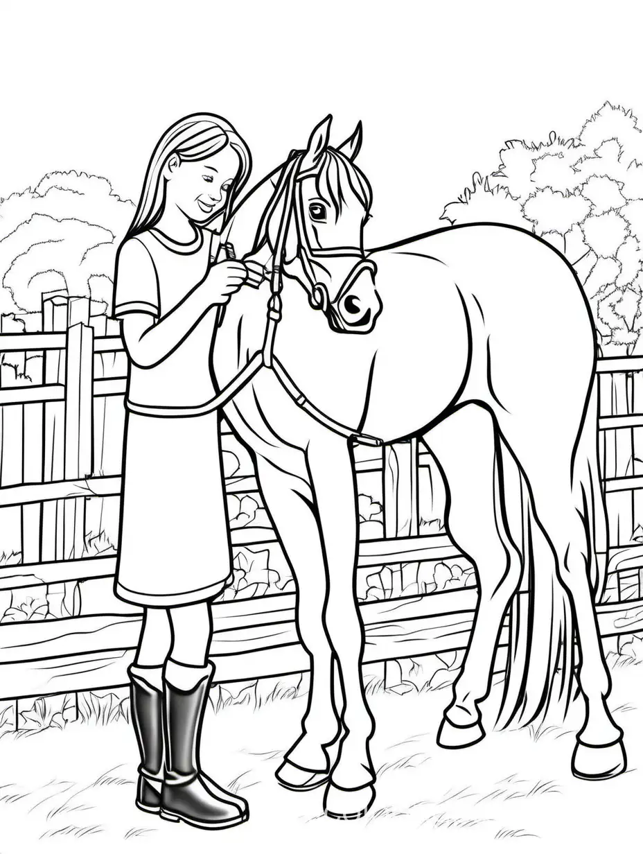 A GIRL BRUSHING HER HORSE
, Coloring Page, black and white, line art, white background, Simplicity, Ample White Space. The background of the coloring page is plain white to make it easy for young children to color within the lines. The outlines of all the subjects are easy to distinguish, making it simple for kids to color without too much difficulty