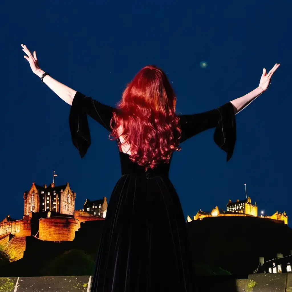 A tall slim queen in her 40s has her back to the camera, she has long wavy red hair, she is standing on the top turret of Edinburgh castle, wearing a long black velvet dress, it is night time, she has her hands outstretched upwards to the sky, she can see all the planets in the sky