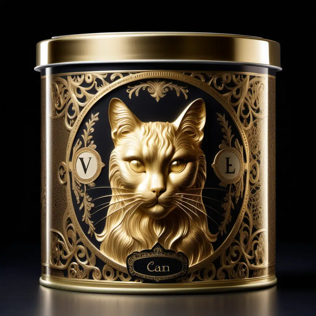 In a lavish setting, a golden cat-shaped can of delectable luxury cat food sits, adorned with intricate golden patterns against a neutral backdrop. The opulence of the scene is palpable, evoking a sense of extravagance and indulgence fit for royalty. Each detail of the can exudes luxury, from the shimmering gold hues to the delicately embossed feline design. Photographed by Patrick Demarchelier with a Nikon D850 and a macro lens, the lighting is a mix of studio lighting and soft diffused light, enhancing the richness of the colors and textures. --v 5 --q 2