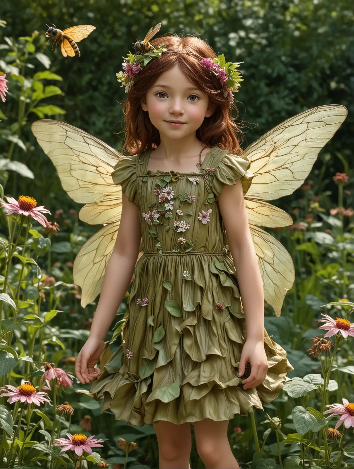 In the style of Cicely Mary Barker's Flower Fairies.
Photorealistic, full-length rendition of modern Garden Fairies.
Highly detailed. 8k. Hyper-realistic. Physically correct appendages. Physically correct facial features. Physically correct positioning.
Guardian of Bee Balm.
Age: 6 years
Skin hue: dark brown
Hair color: auburn
Hair type: 4a