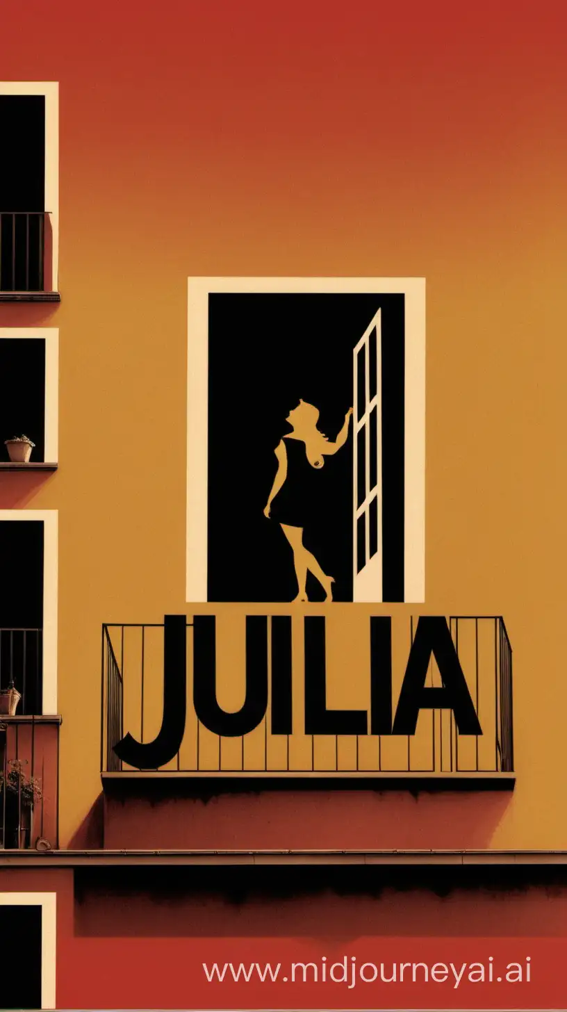 A poster in the style of Saul Bass's work, displaying the words 'JULIA' behind a balcony, positioned more towards the top left, over of a huge and almost image filling sign '&', on top of the word 'ROMEO'. In front of the word 'JULIA', but still behind the balcony, should be a silhouette of a girl looking down. In front of the word 'ROMEO' should be the silhouette of a boy looking up and serenating to the girl. The background should be a warm yellow. The '&' sign should also be yellow, but distinguishable from the background. The words 'JULIA' and 'ROMEO' should be black, in capitals and in a classic retro font. The balcony should be coloured dark red and we should be looking up towards the balcony a little bit and a little bit from the left of it.