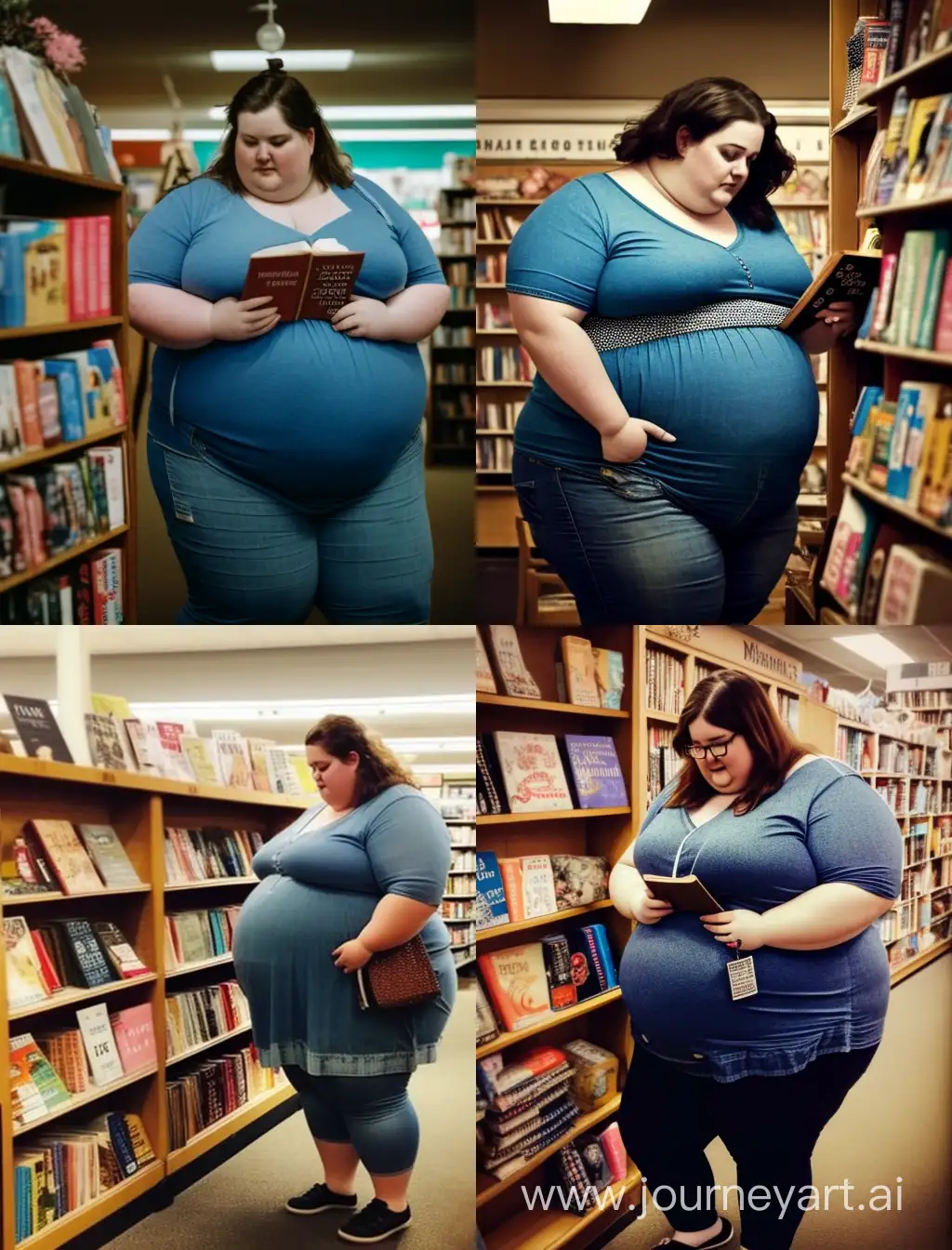 High quality photo. Book store setting. Pregnant Obese woman with a comically large belly. She wears denim dungarees. Hand on back. She is looking at books.
