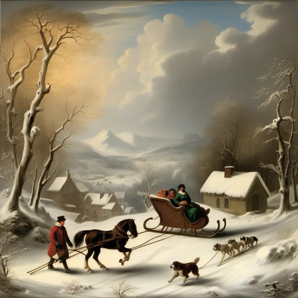A snowy winter landscape 19th century, a horse pulling a sleigh, a skier downhill, a Saint Bernard dog, magical winterland 