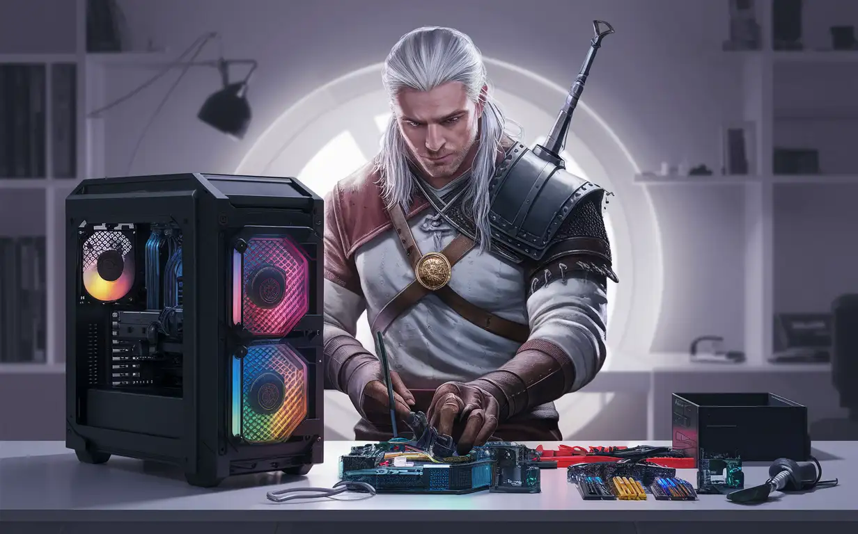Geralt became a computer repairman repairing PCs and earning money from PC repairs in the game PC Building Simulator.