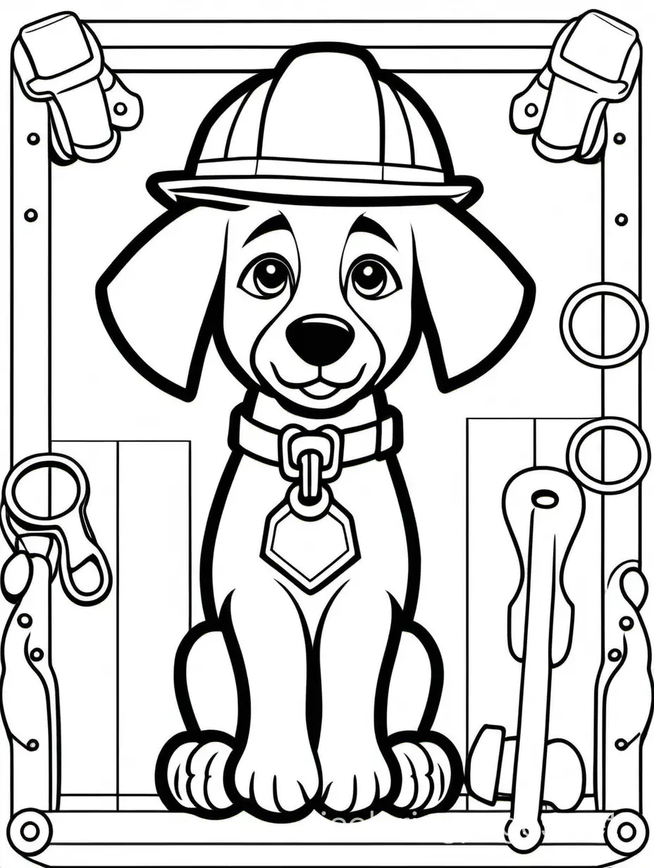 puppy carpenter. white background, Coloring Page, black and white, line art, white background, Simplicity, Ample White Space. The background of the coloring page is plain white to make it easy for young children to color within the lines. The outlines of all the subjects are easy to distinguish, making it simple for kids to color without too much difficulty