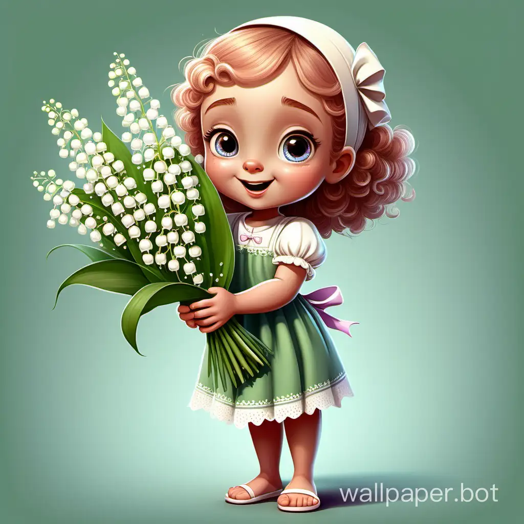 an irresistibly cute female children's story character with a bouquet of lilies of the valley in her hands, which children really like; no background; full length cartoon character