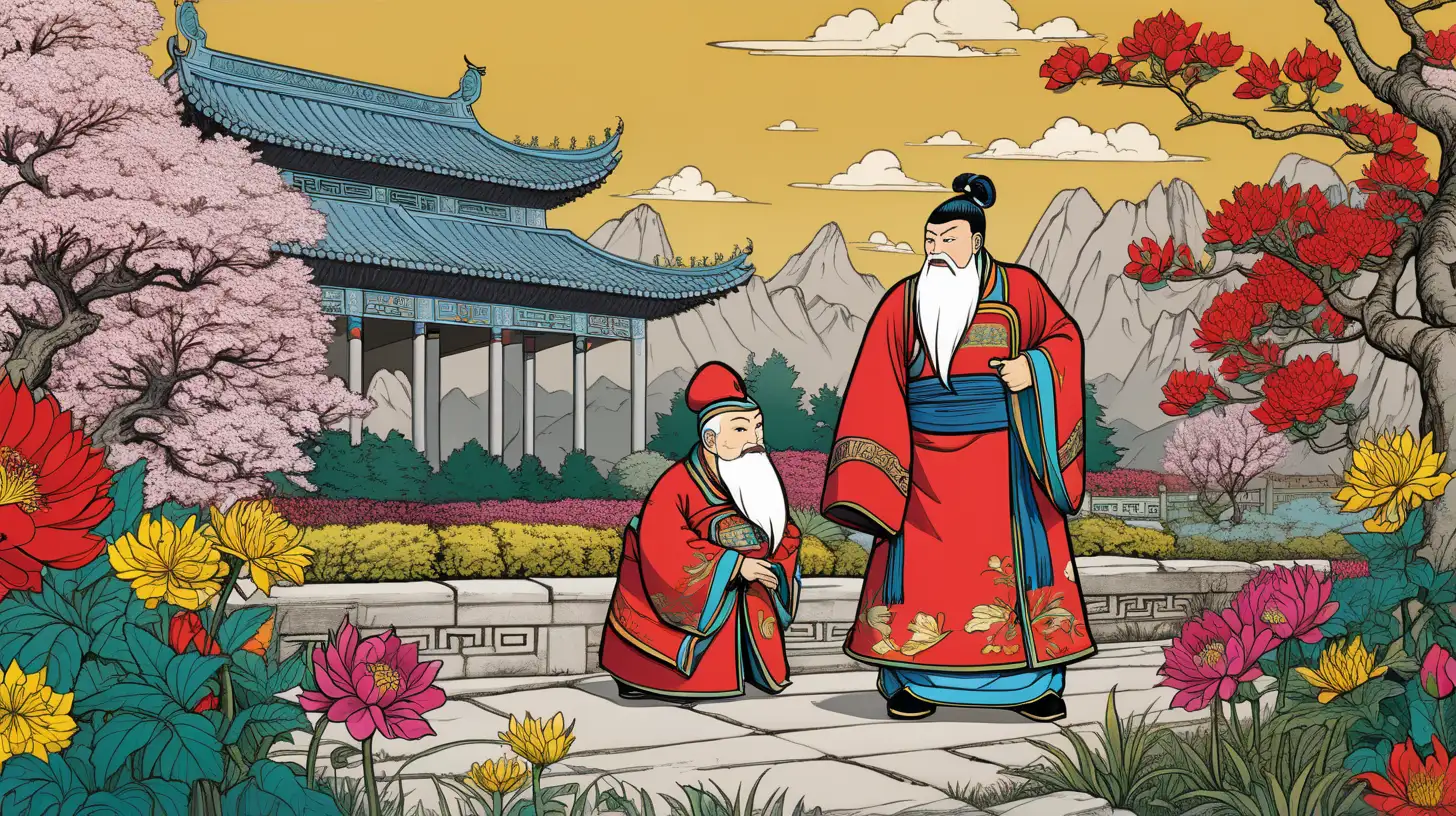 Ancient Chinese Emperor Cultivating Vibrant Flower Garden in Pop Art Style