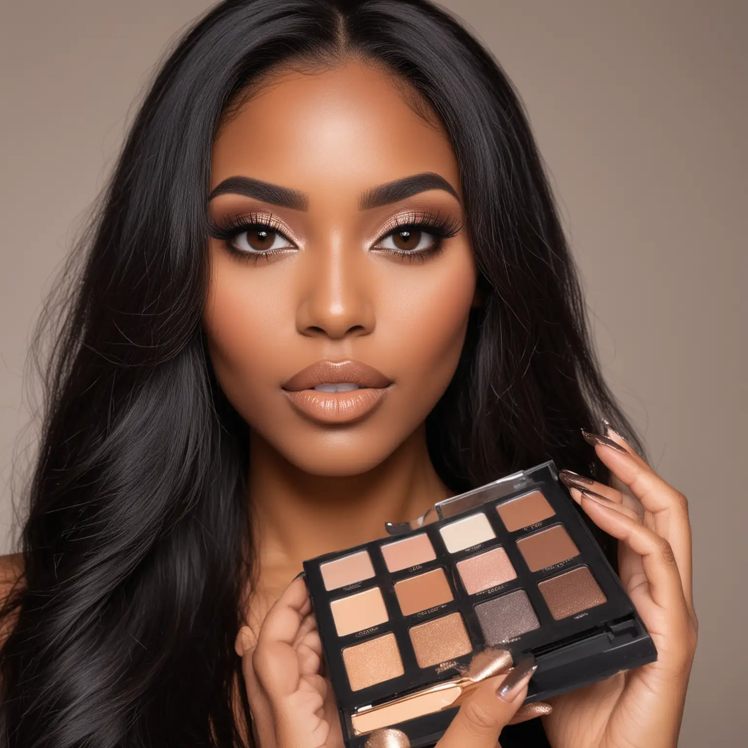 Beautiful African American woman with long black hair, neutral facial expression, long voluminous lashes, Glam makeup look, holding makup palette, luxury photoshoot