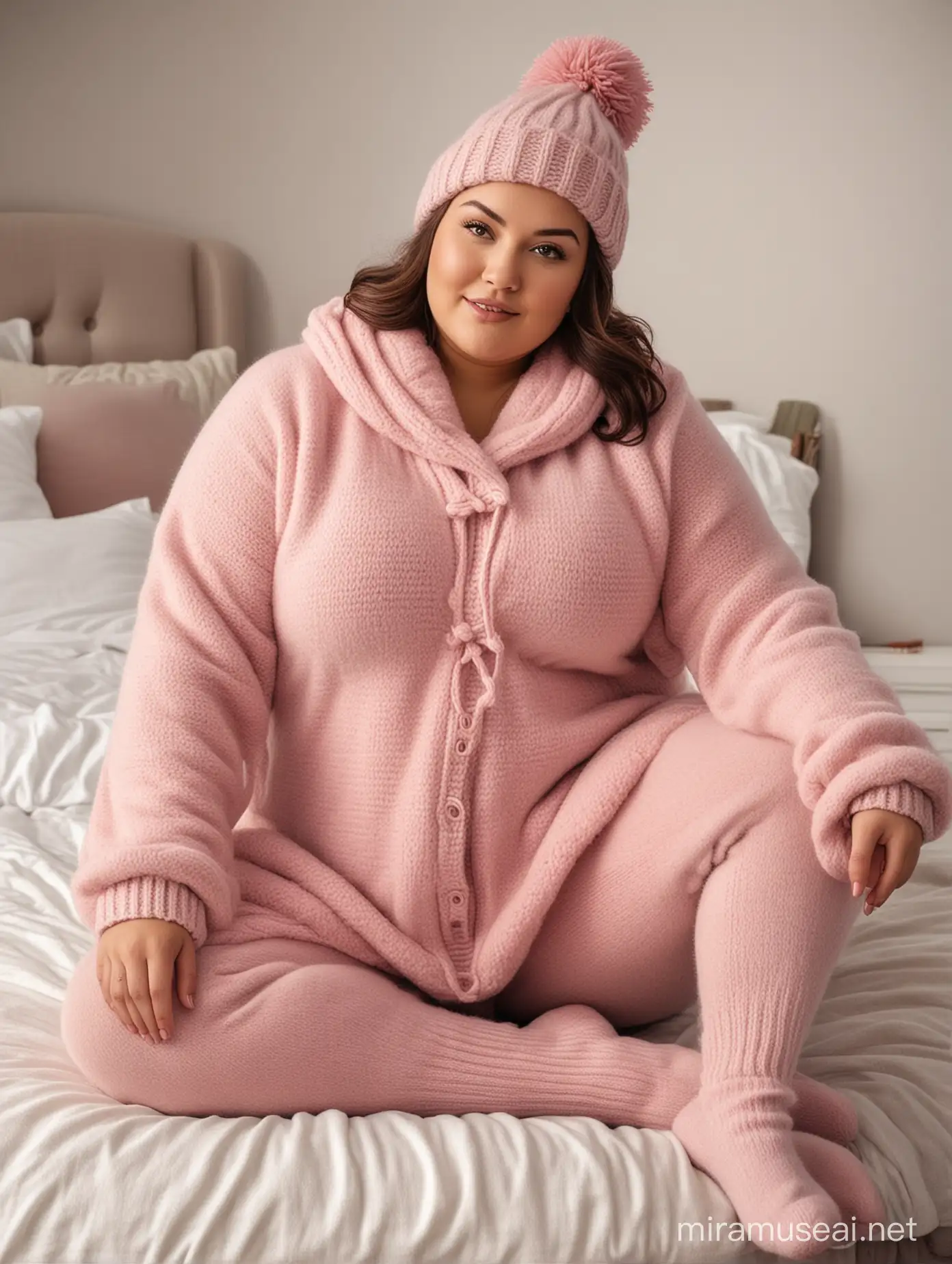 curvy, plus-size woman with huge fat boobs, sitting on a bed in a bedroom, wearing multiple layers of thick warm knitted fuzzy mohair wool clothing [onesie, pants, sweater, dress, skirt, stockings, socks, scarf, mittens, bobble hat]