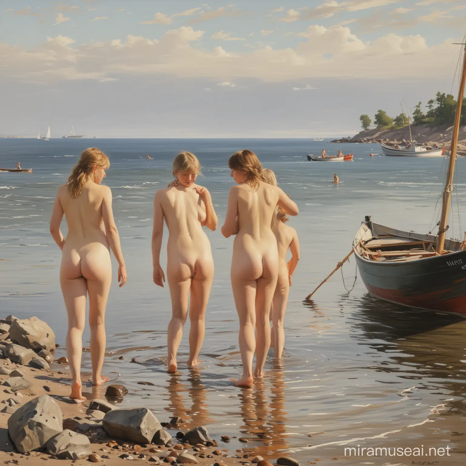 картина ,в стиле художника Андерс Цорн купаются девушки обнаженные , на берегу, в дали лодки.