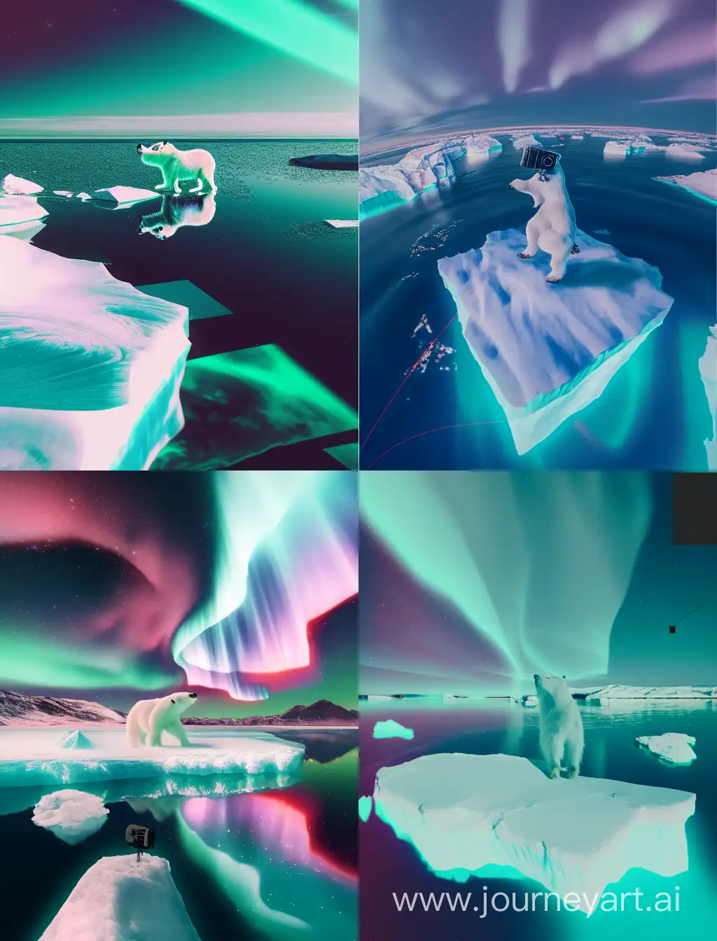 Северное сияние,море, айсберг, белый медведь на льдине с кинокамерой в лапах