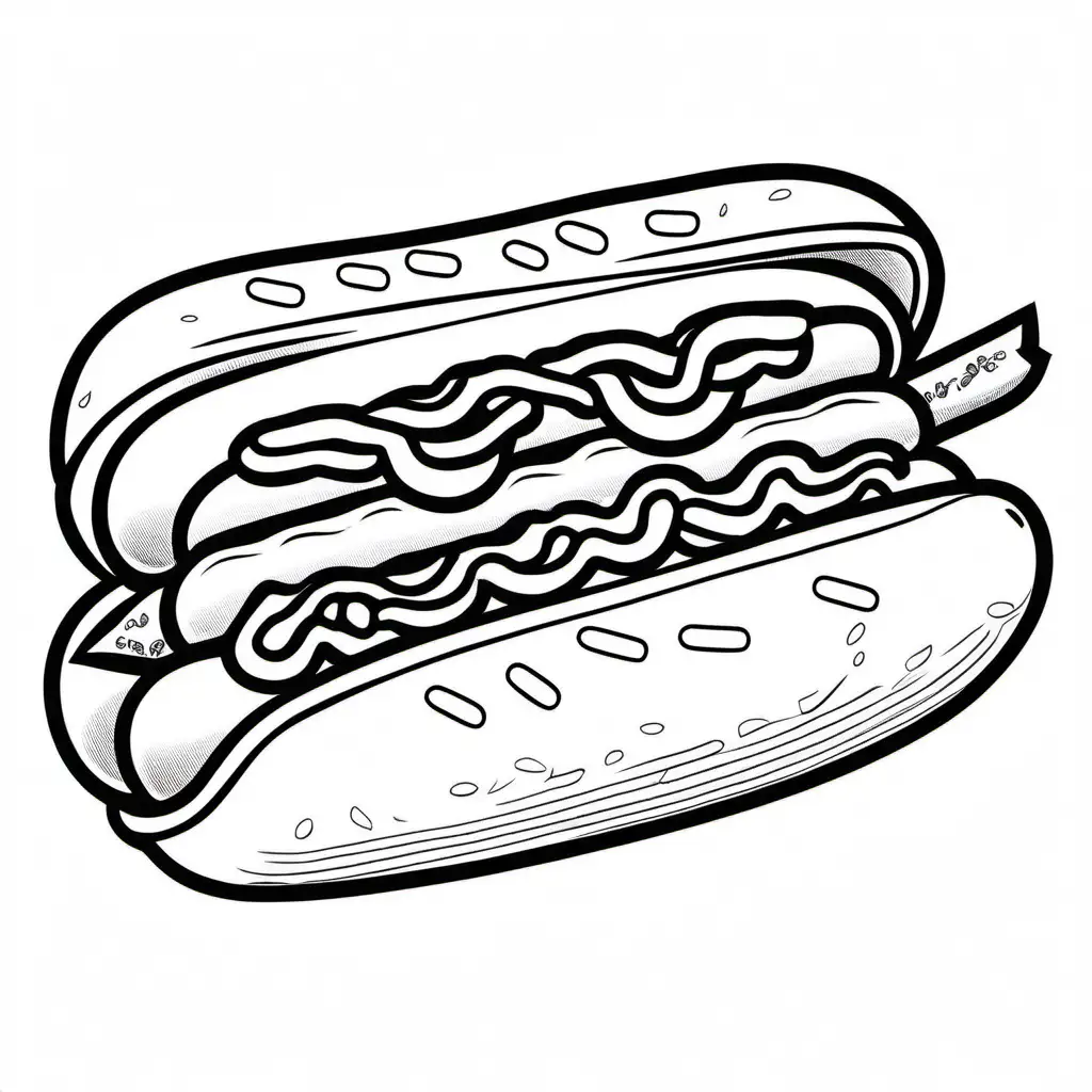 simple Hot dogs  bold ligne and easy , Coloring Page, black and white, line art, white background, Simplicity, Ample White Space. The background of the coloring page is plain white to make it easy for young children to color within the lines. The outlines of all the subjects are easy to distinguish, making it simple for kids to color without too much difficulty