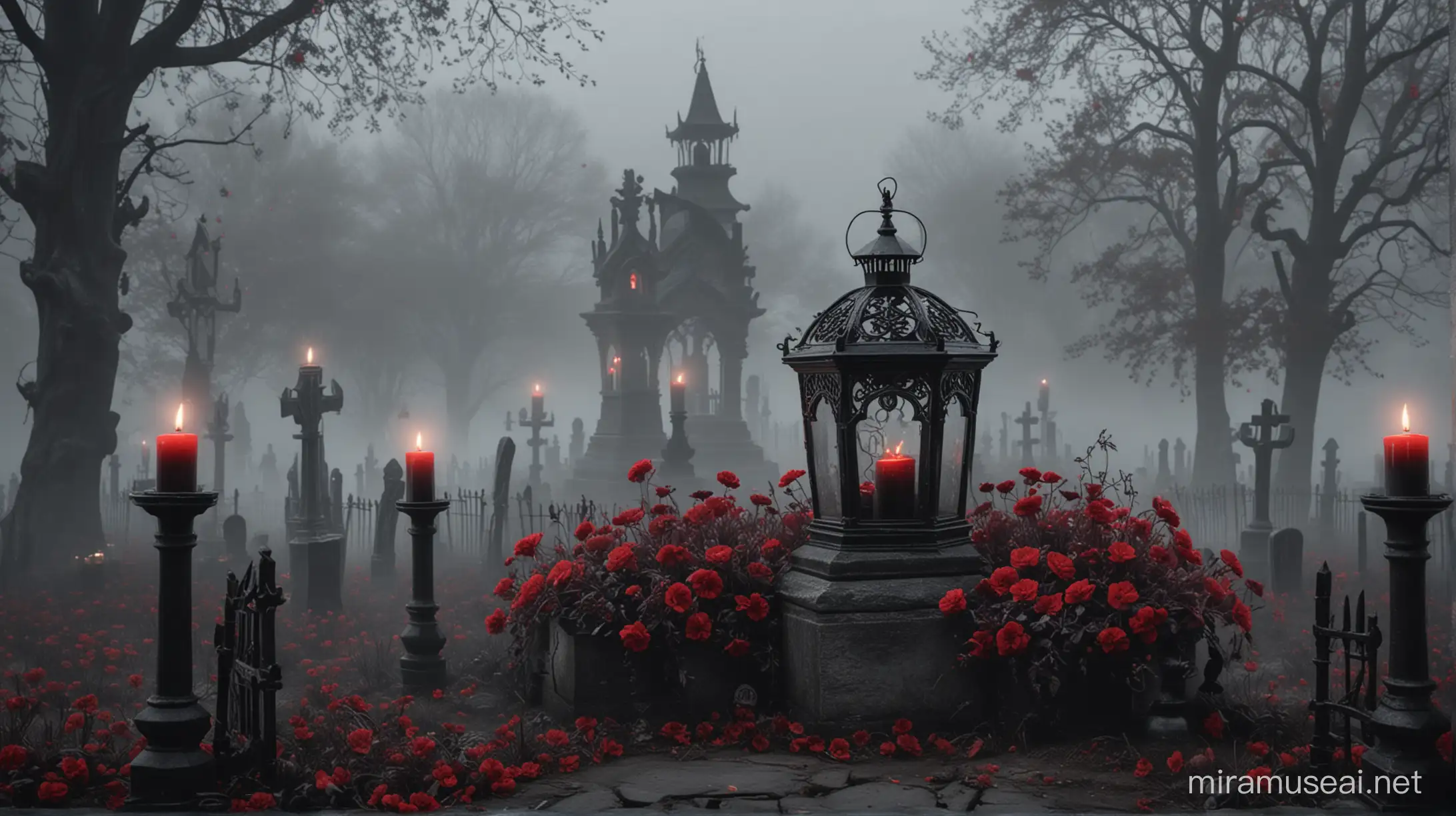 Realistic dark creepy haunted cemetary with gothic lantern and black candles and red flowers and fog