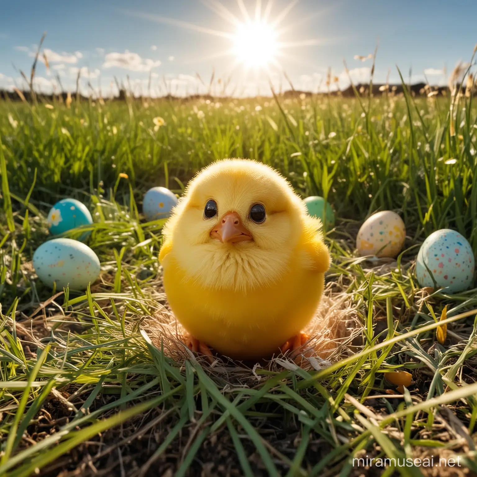 weird chick hatching out of easter egg. In a grass field under the sun
