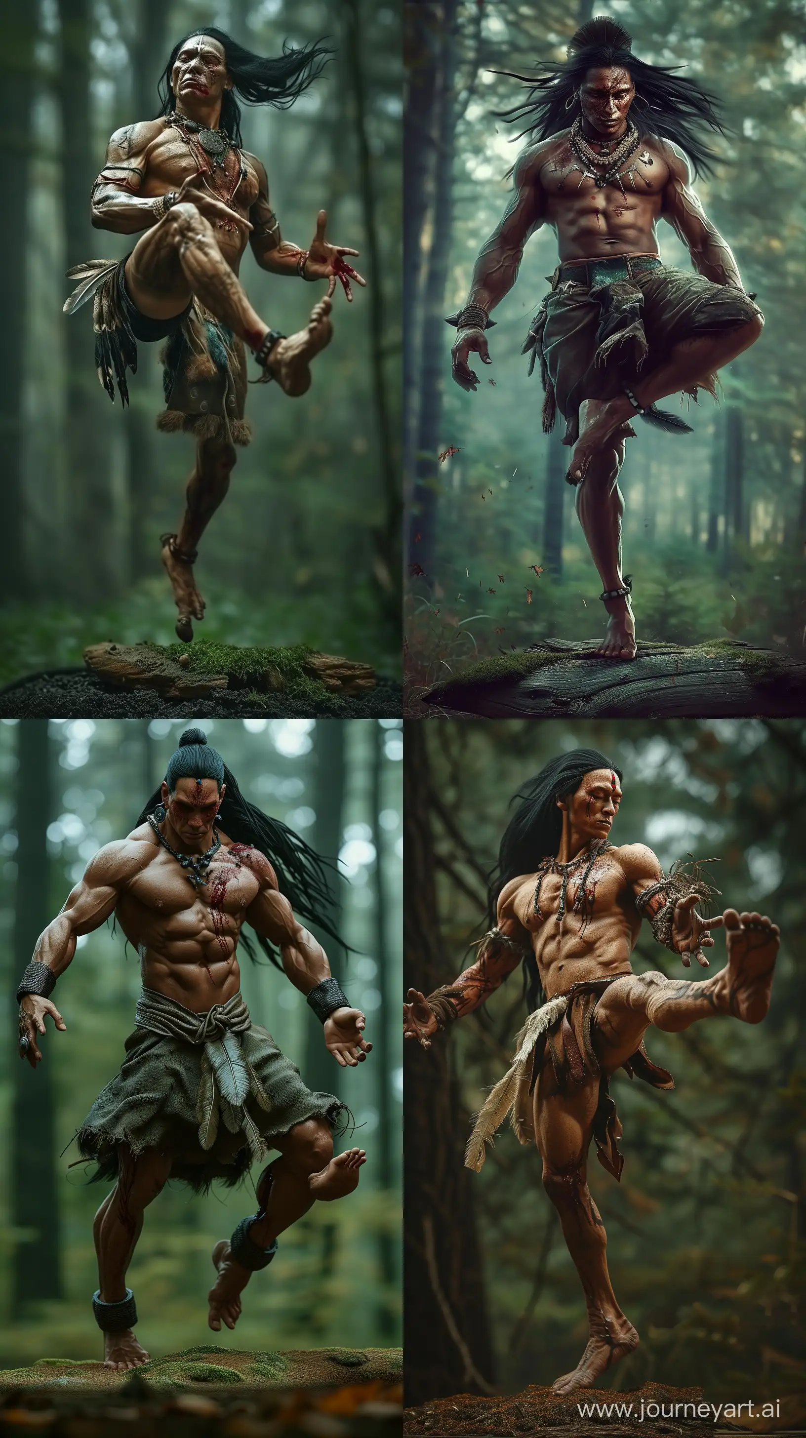 Realistic images depicting a muscular Indian hunter, black haired, standing on one foot and floating his other foot in the air, his one eye is closed and bleeding, intricate details, forest scenery, UHD --ar 9:16