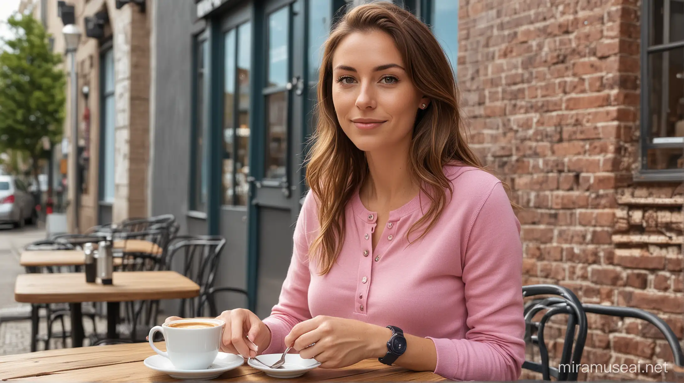 30 year old white woman with long brown hair, wearing a pink button up henley sweater and blue jeans, sitting at an outdoor urban café with coffee in a cup in a saucer on the table