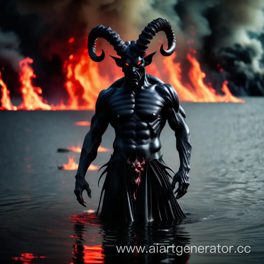 Демон в черном с рогами в озере огня