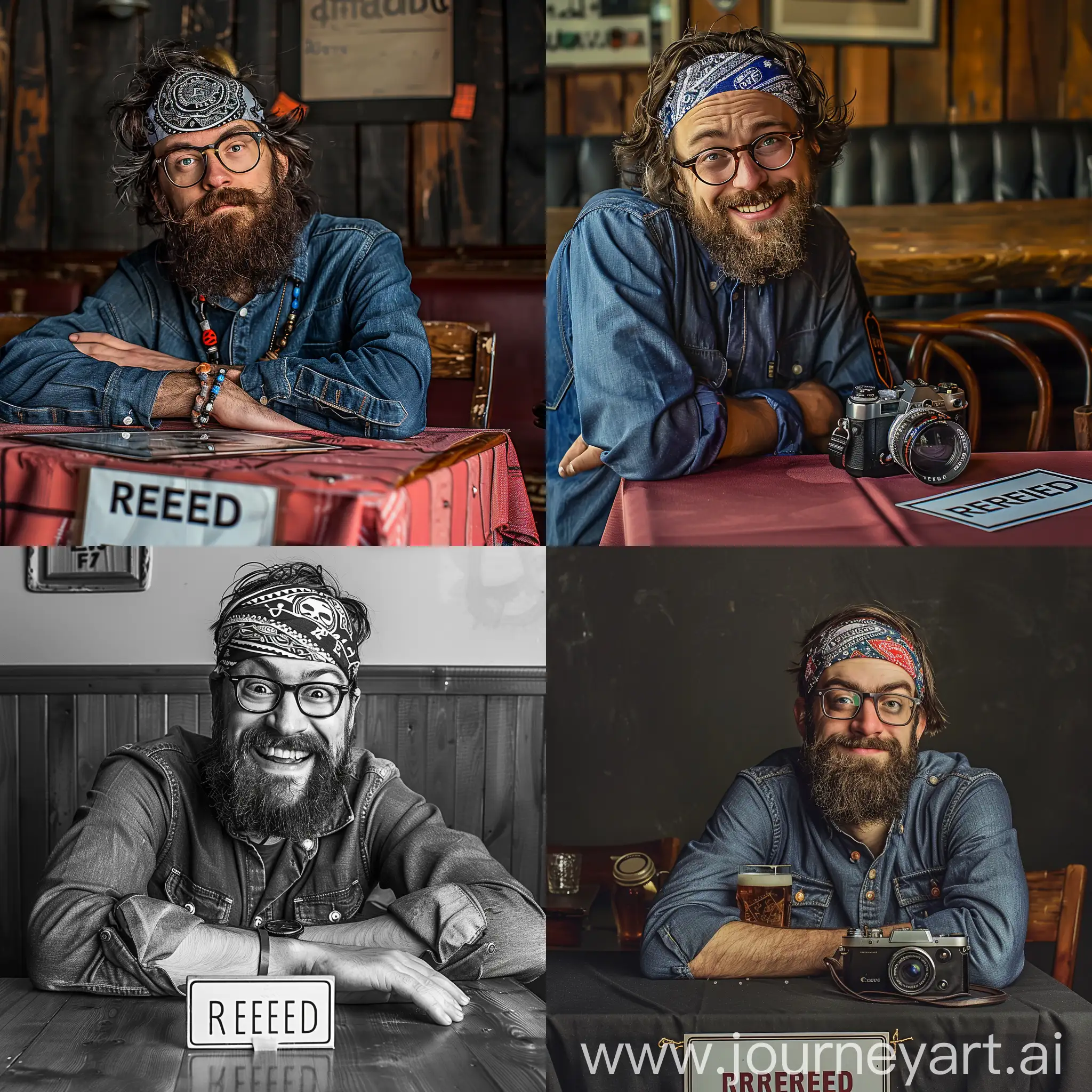 2015, photo, realistic, photograph, realism, real camera, man, beard, glasses, bandana on head, goofy face, sat at a pub table, reserved sign underneath, professional photography