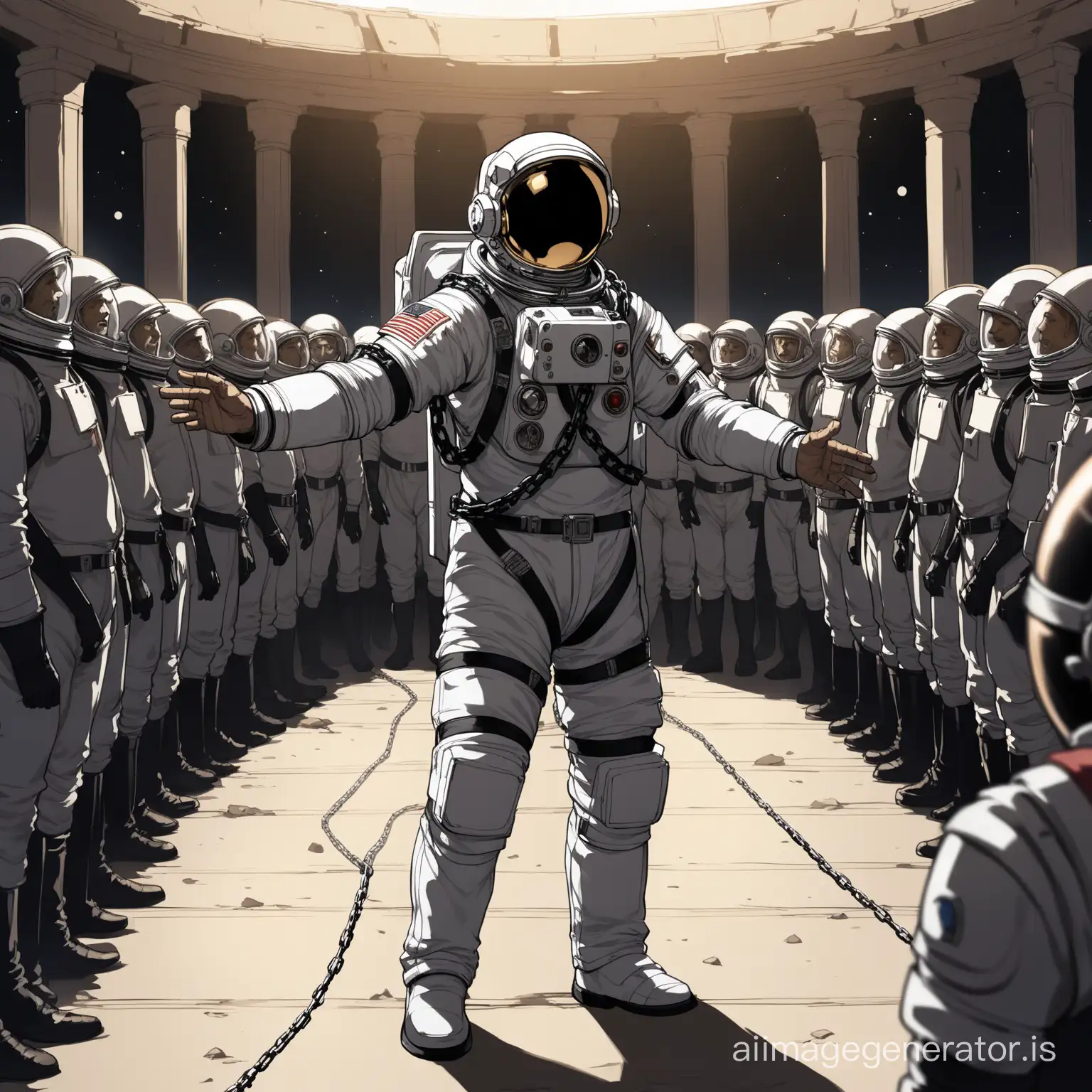The tyrant astronaut gives orders with a hand. In the background, people enslaved in chains