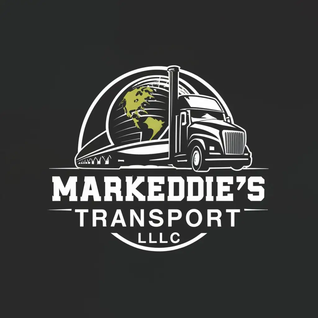 a logo design,with the text "MarkEddies Transport LLC", main symbol:semi-truck that looks like a train on the road, arched, wrapped at the top of the globe.,complex,be used in Travel industry,clear background
