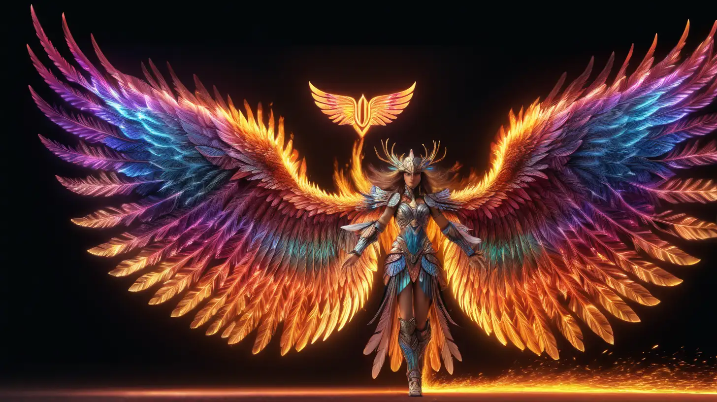 Intricately Detailed Valkyrie with Neon Rainbow Pyro Wings