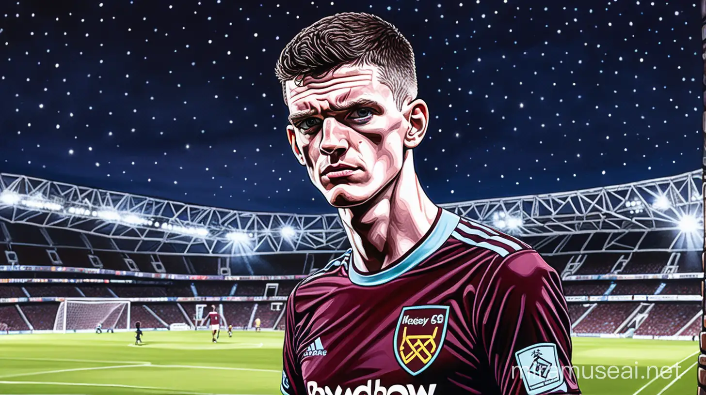comic book painting of a declan rice wearing west ham football team shirt, stadium in background , night lights, highly detailed linework, high-contrast, stylized