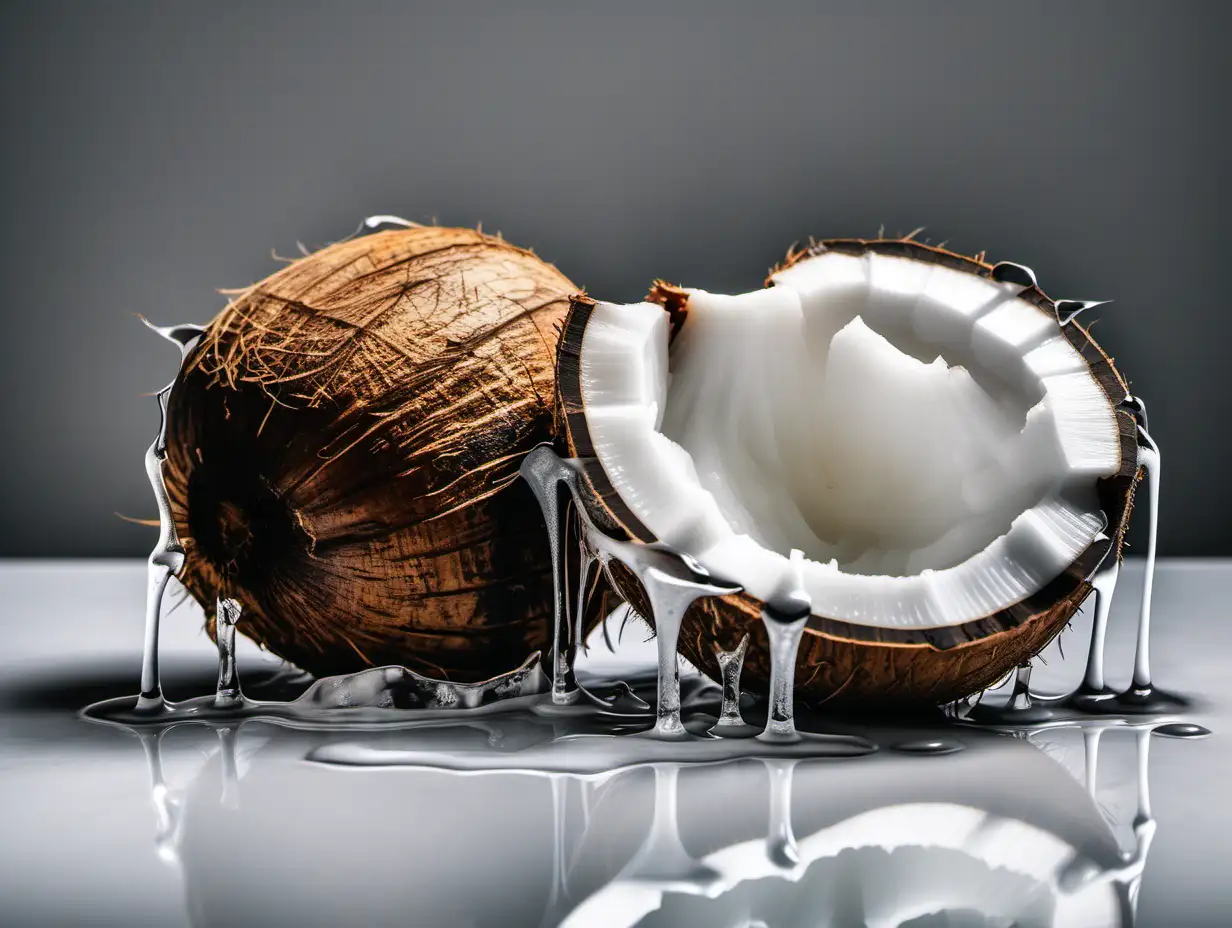 Halved Coconuts Dripping with Clear Oil on Black Background