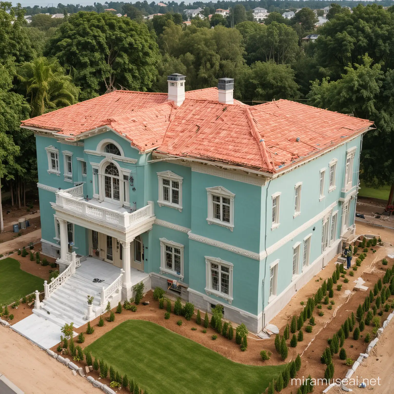 construction workers surrounding their completed fully built beautiful colored mansion with finished roof and greenery yard work surrounding it 


