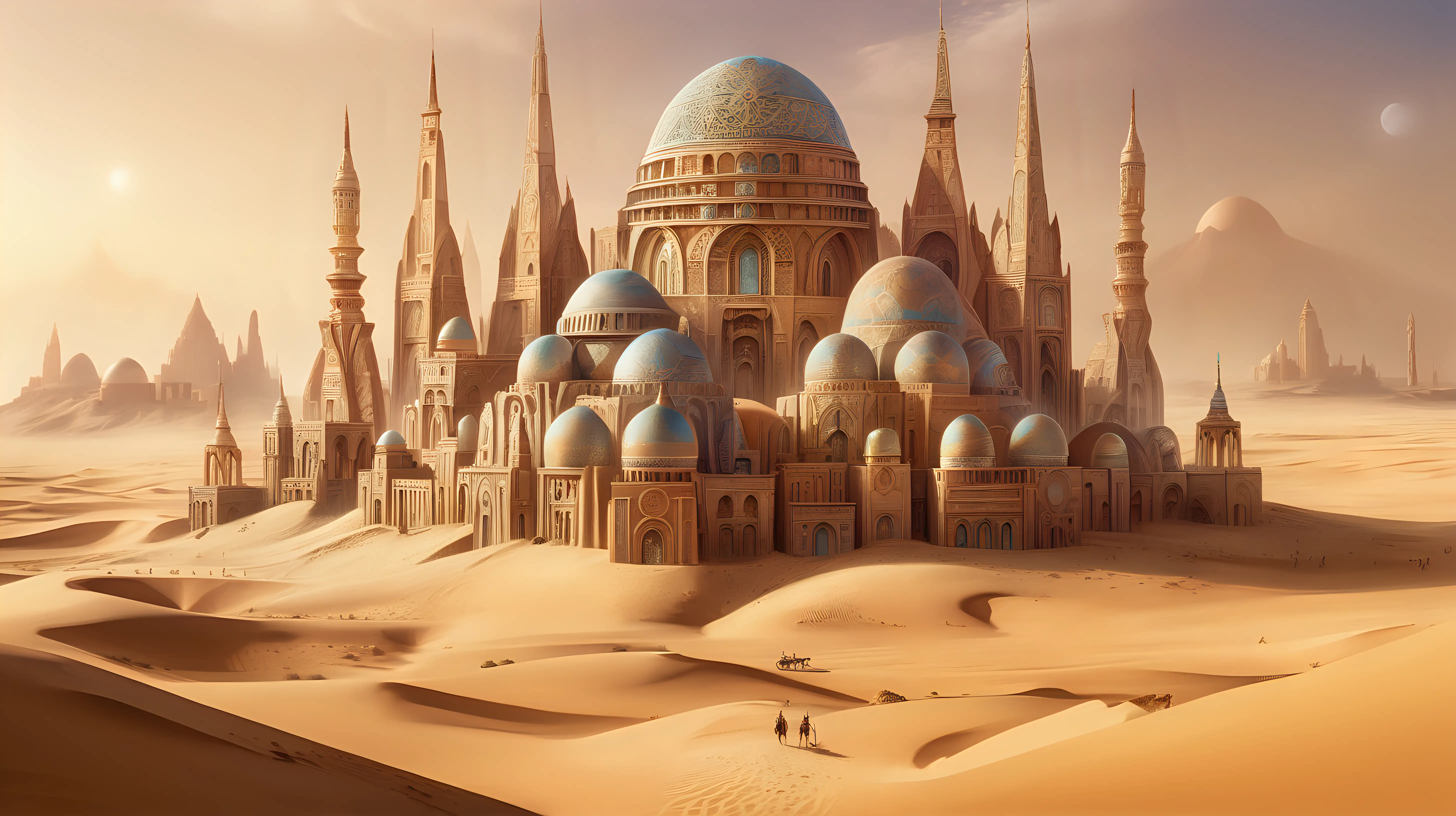 A mirage of an ancient city rising from the sands, its spires and domes adorned with intricate patterns that seem to shimmer and shift in the desert heat, creating a psychedelic vision of a lost civilization.
