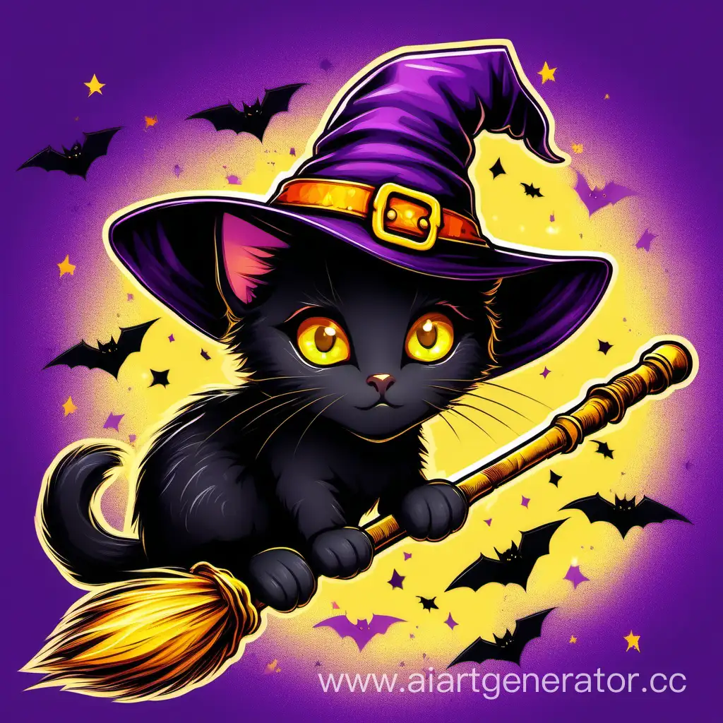 A black kitten in a witch's hat on a broomstick with bright yellow eyes on a purple background