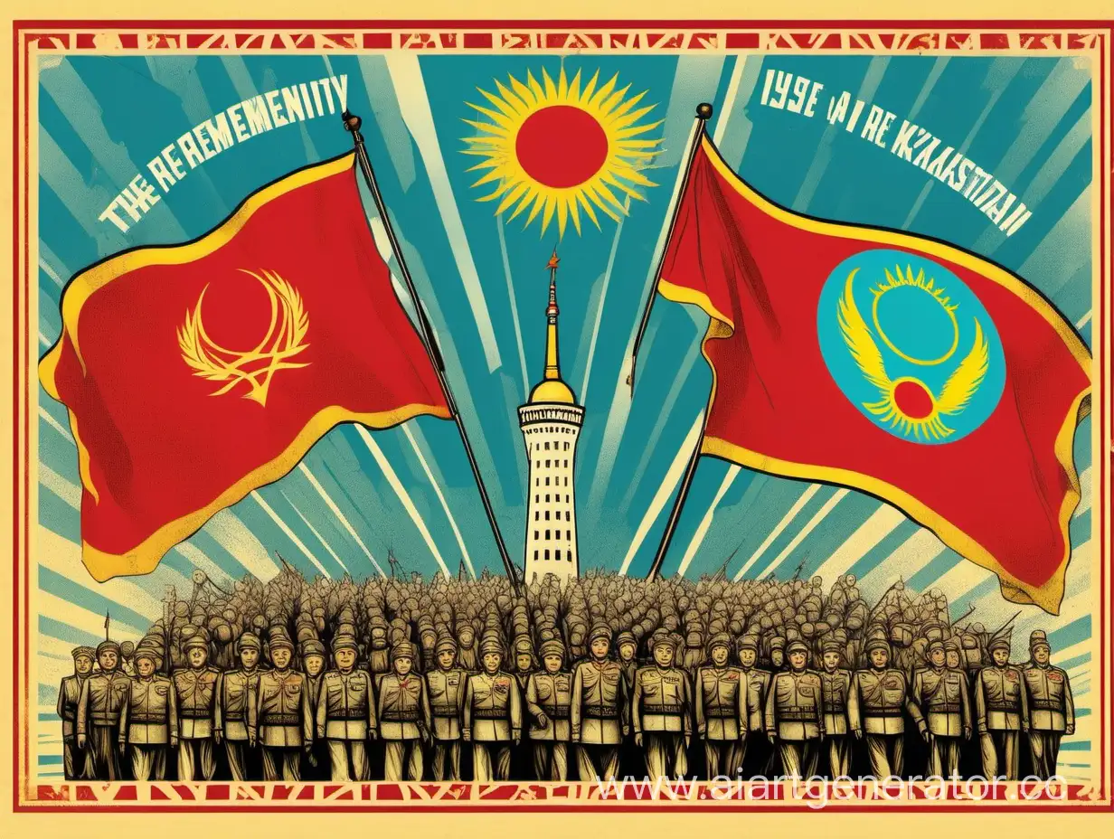Title and Date: Make the title prominent and clearly state "Victory Day after War, 9th May in Kazakhstan". Use bold or larger font size to make it stand out.
Symbolism of Victory: Incorporate symbols of victory such as the Victory Banner, laurel wreaths, or the Victory Day symbol used in Kazakhstan.
National Symbols: Include symbols representing Kazakhstan such as the flag, national emblem, or iconic landmarks like the Bayterek Tower.
Historical Imagery: Integrate historical imagery related to World War II, showcasing the participation of Kazakhstan in the war effort or memorable moments from Victory Day celebrations.
Gratitude and Remembrance: Express gratitude and remembrance for the sacrifices made during the war. This can be depicted through images of veterans, war memorials, or poppies symbolizing remembrance.
Unity and Celebration: Highlight the unity and celebration of Victory Day with images of people coming together, waving flags, or participating in parades and ceremonies.
Text and Quotes: Include meaningful quotes related to victory, peace, or remembrance in both English and Kazakh languages. These quotes can add depth and emotional resonance to the poster.
Color Scheme: Use a color scheme that reflects the solemnity of the occasion while also incorporating patriotic colors such as red, white, blue, and gold.
Layout and Composition: Ensure a balanced and visually appealing layout with clear separation between different elements. Pay attention to hierarchy, emphasizing important information such as the title and date.
Quality and Resolution: Design the poster in high resolution to ensure clarity and crispness when printed or displayed digitally.