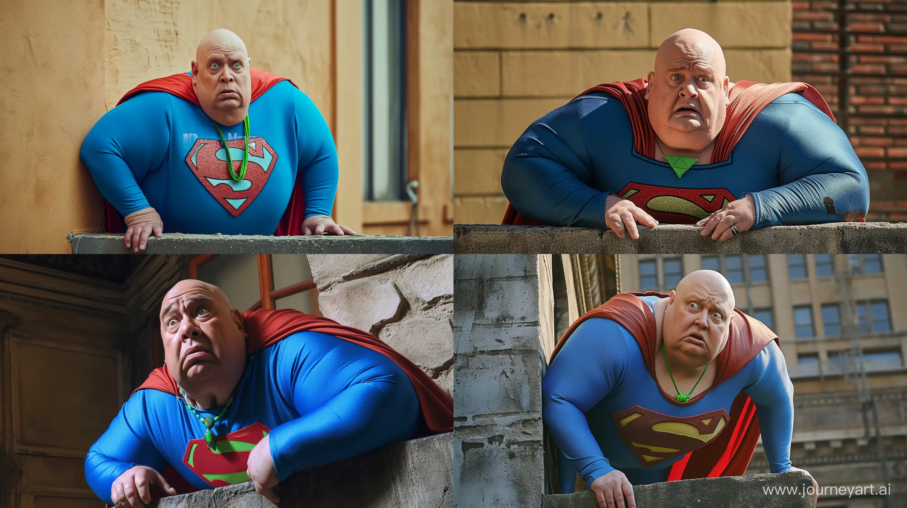 Photo of a chubby man aged 70 leaning on a wall. He look afraid. He is wearing a slightly shiny bright blue superman costume with a big red cape. He wears a bright green necklace. Full body shot. Clean shaven. Bald. High-quality. --style raw --ar 16:9 --v 6