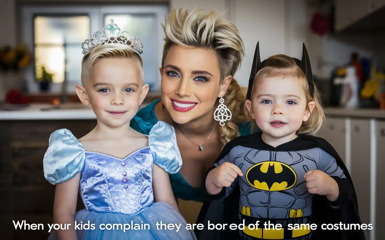 Gender role-reversal, Photograph of a mother dressing her young son, a cute boy age 8 with short blonde spiky hair shaved on the sides, in a Cinderella Disney Princess dress and tiara, and her young daughter, a girl age 7, in a Batman superhero suit, in a kitchen, adorable, perfect children faces, perfect faces, clear faces, detailed faces, perfect eyes, perfect noses, smooth skin, photograph style, the photograph is accurately captioned below “when your kids complain they are bored of the same costumes”