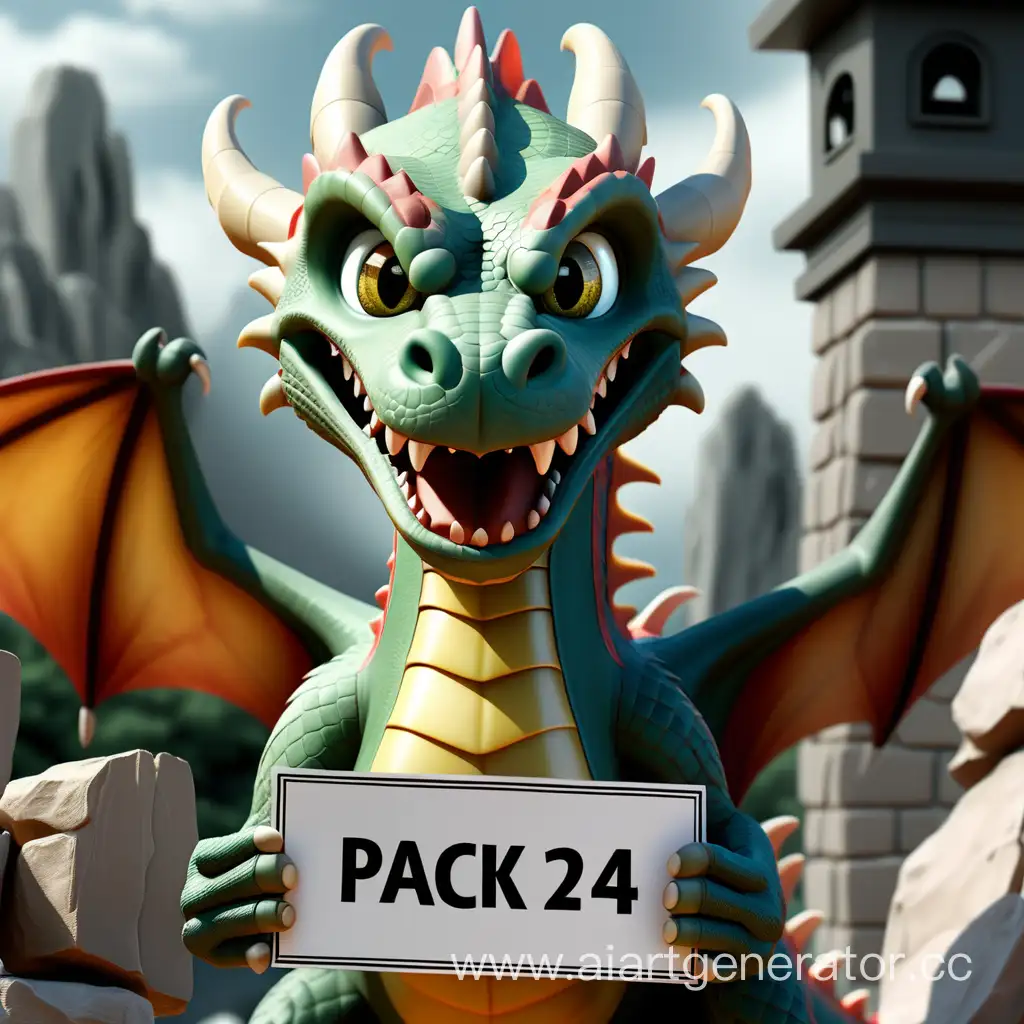 Дракон держит табличку с надписью "Pack24",фотография, реалистично, 4k