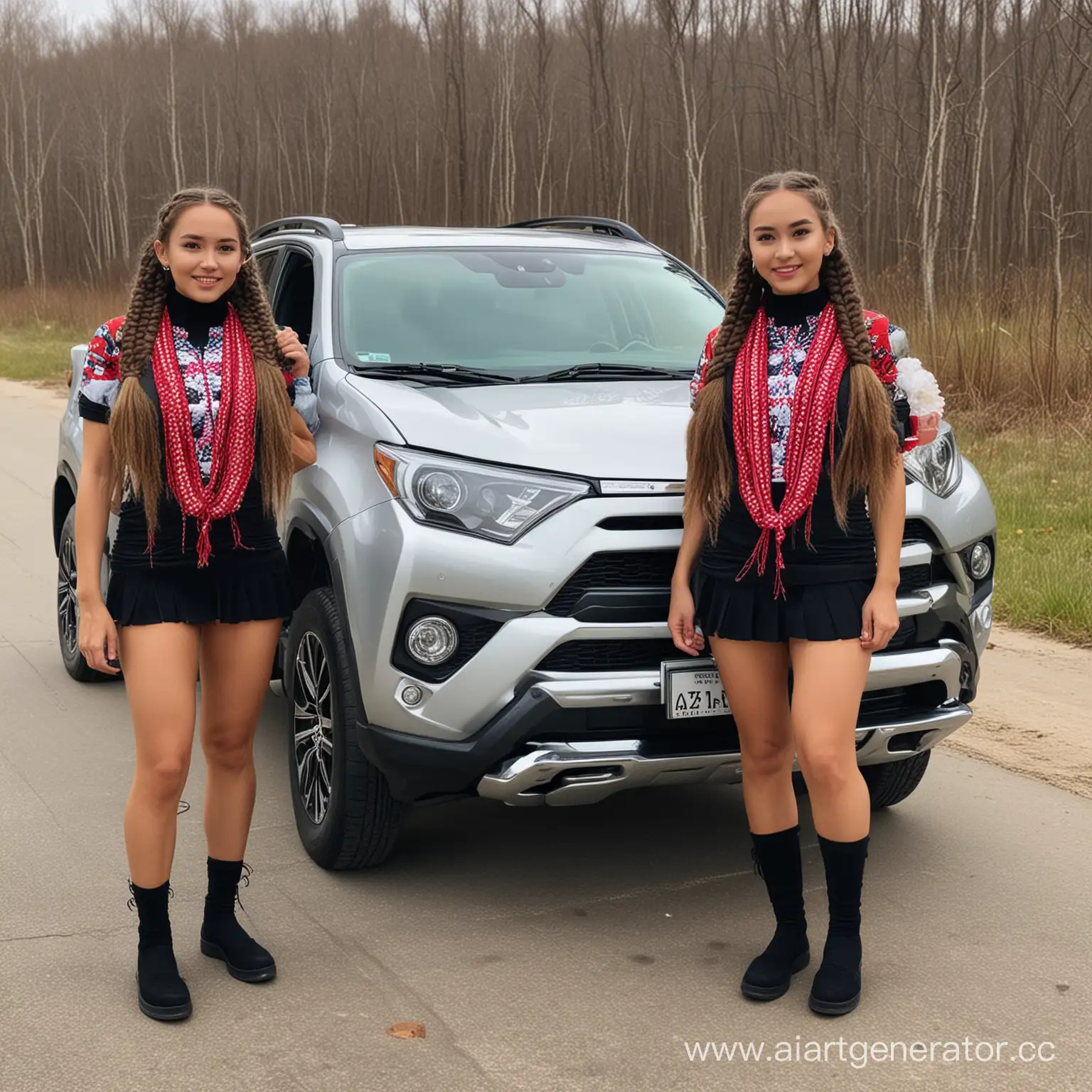 Kazakh-Twin-Sisters-Posing-by-a-Toyota-Rav4