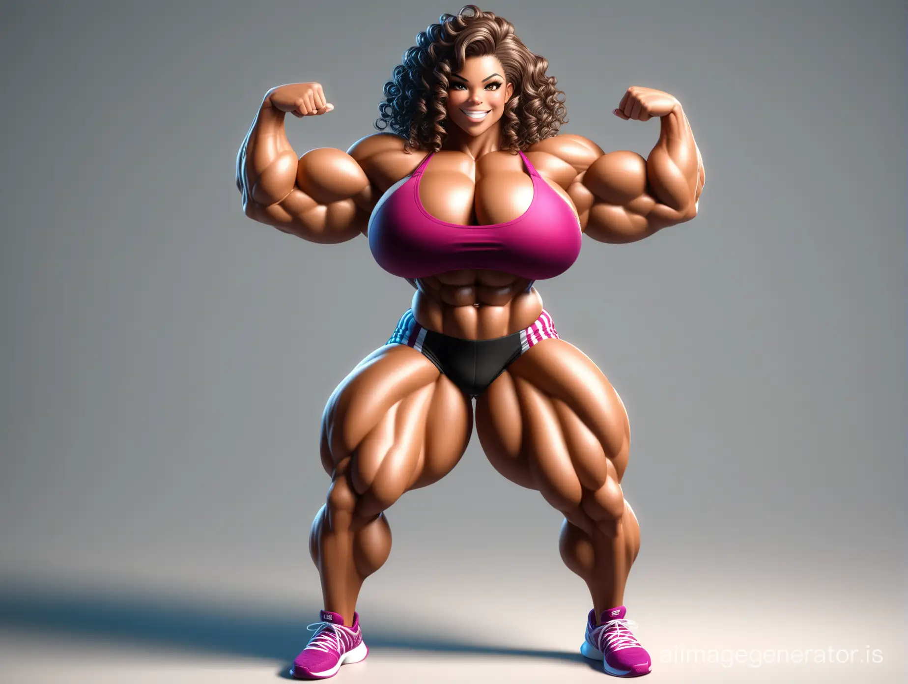 muscle female babe calves delts extremely ripped body abs thick legs tanned skin wear tight sport shorts thick arms curly hair crazy smile big boobs 3d render extremely big body
