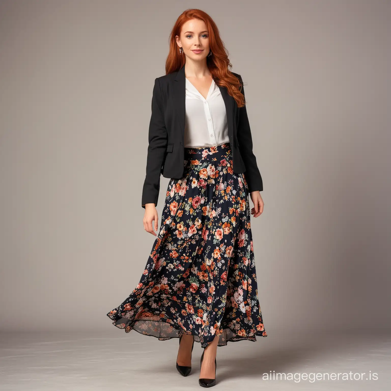 Stylish-Petite-Redhead-Businesswoman-in-Floral-Maxi-Skirt-and-Jacket