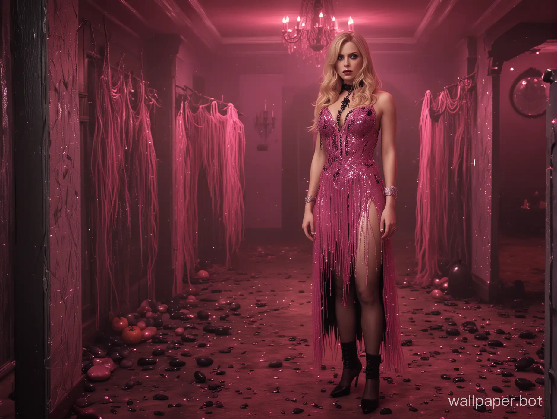 A mesmerizing 3D render of a 1990s WWE-inspired Halloween scene, featuring iconic wrestlers and a spooky atmosphere. Madison Montgomery from American Horror Story: Coven stands confidently in her enchanting pink and black attire adorned with metallic and sparkly stones. Beside her, the legendary Molly Holly exudes charisma in a matching pink and black outfit. The dimly lit setting, brought to life by the artistic vision of John Mossman, masterfully combines horror, vintage wrestling, and haunting Halloween elements. This breathtaking cinematic painting is a stunning blend of nostalgia, vibrant colors, and eerie charm that captures the essence of the Halloween spirit., 3d render, vibrant, cinematic, painting