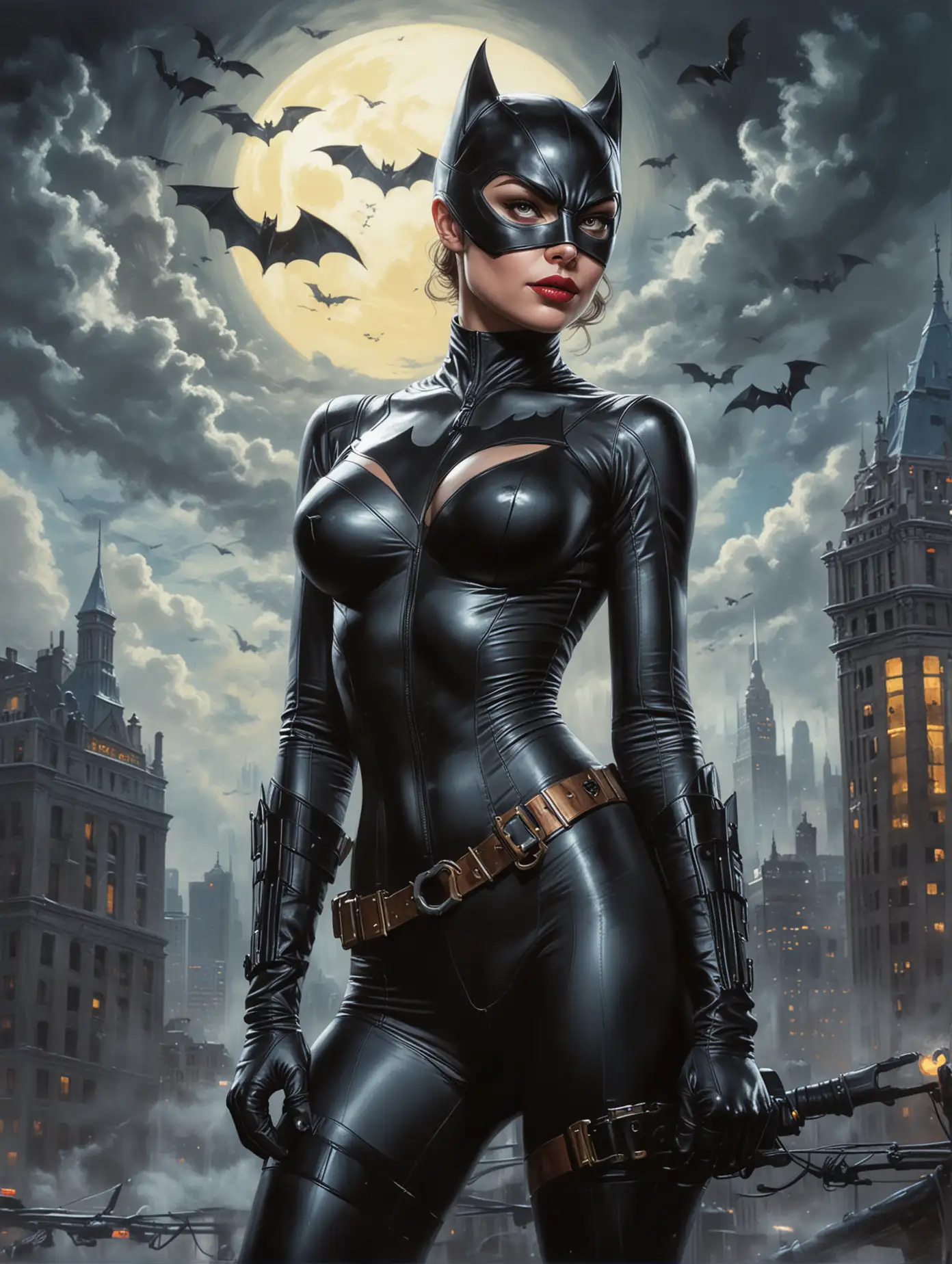 Attractive Catwoman. Sensual, Attractive strong colours, a Cinematic, Stunningly detailed, Oil Painting technique. with in Gotham city, surreal, full body, big tits, ass, Bat signal in he sky