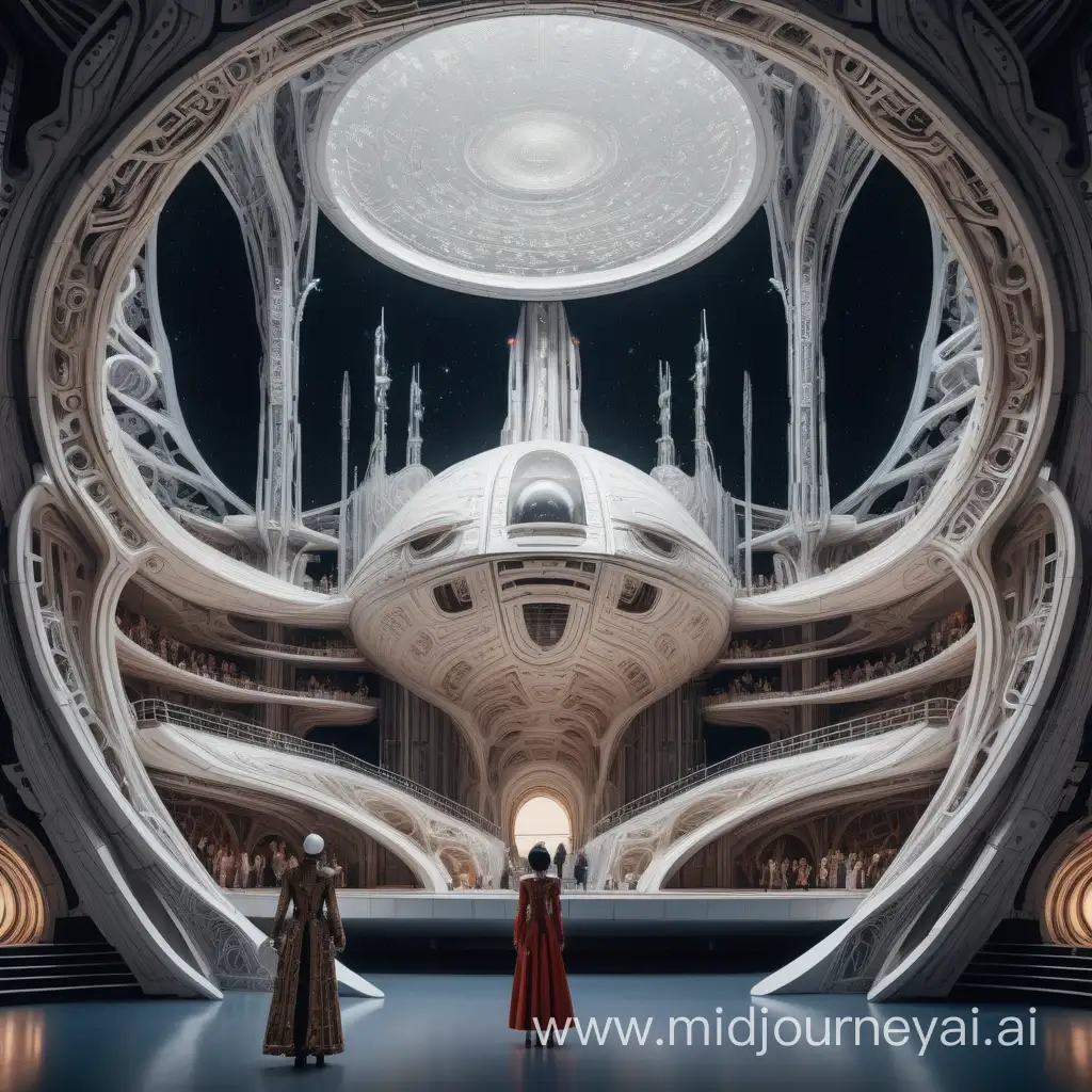 spaceship opera with intricate details in clothing and architecture