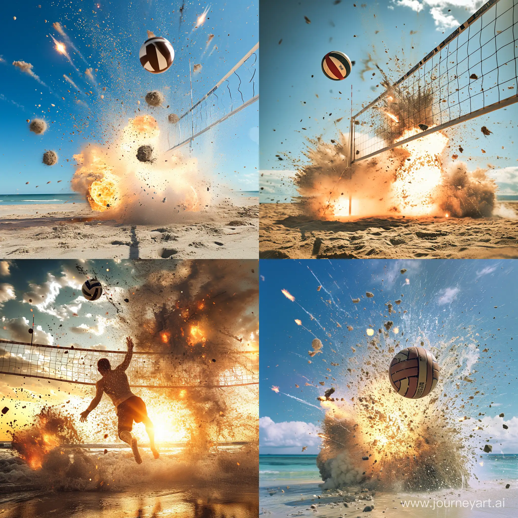 volleyball on beach with explosions --v 6