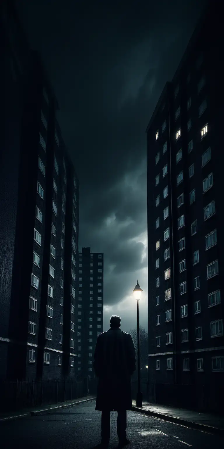 Subject: A man with his back to us looking at London tower block, 

Setting: London housing estate, street lamps, moody lighting 

Style: dark, ominous ,moody,cinematic lighting, hyper realistic, in the style of David Fincher 