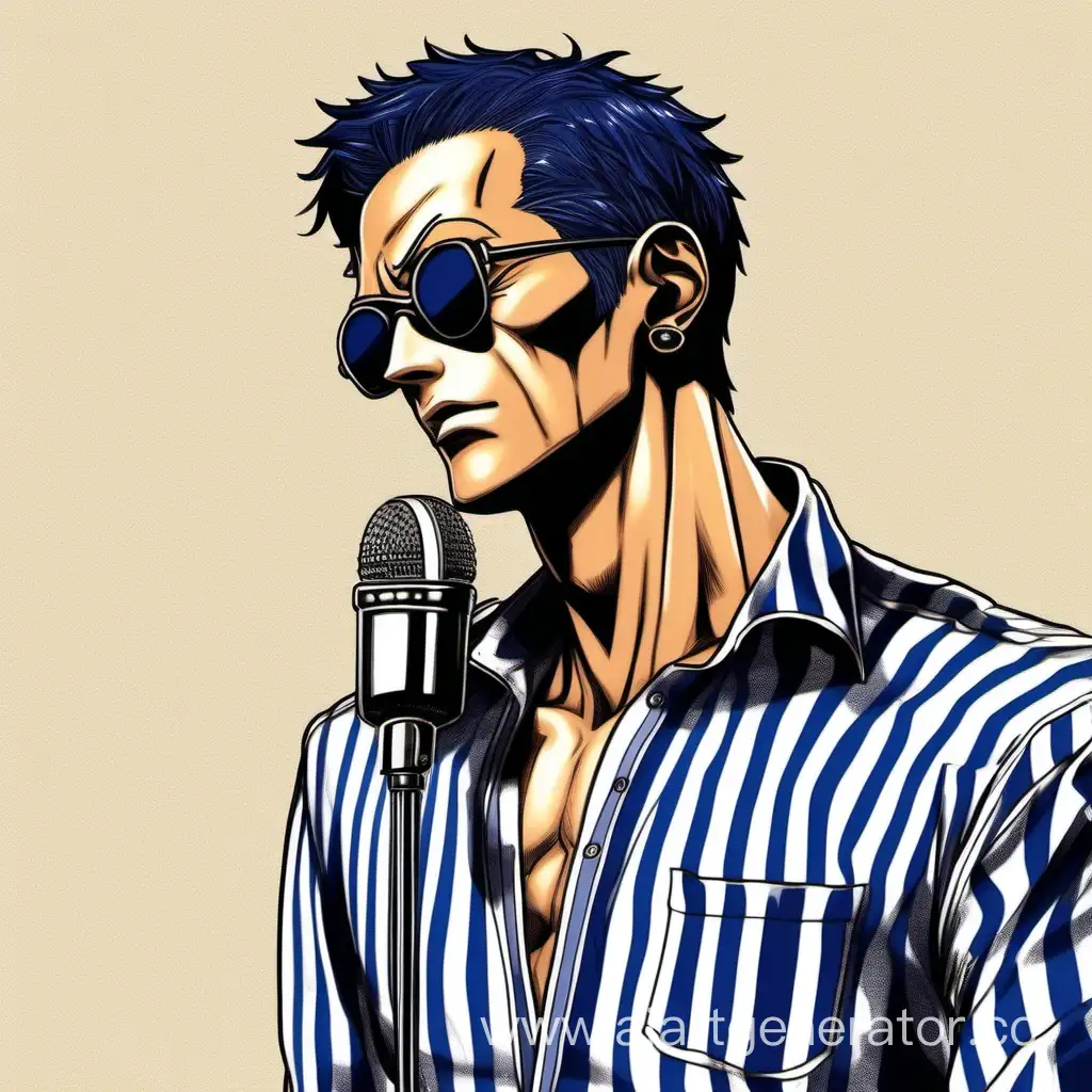 one piece style sexy brutal tanned man in a ceremonial open dark blue striped shirt to the waist with dark brown short hair square sings into a microphone on a stand with his eyes closed close-up to the waist realistic drawing