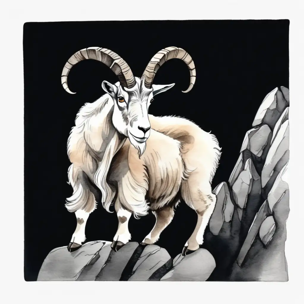 Mountain Goat Graphic Cartoon Ink Drawing and Watercolor on Black Background