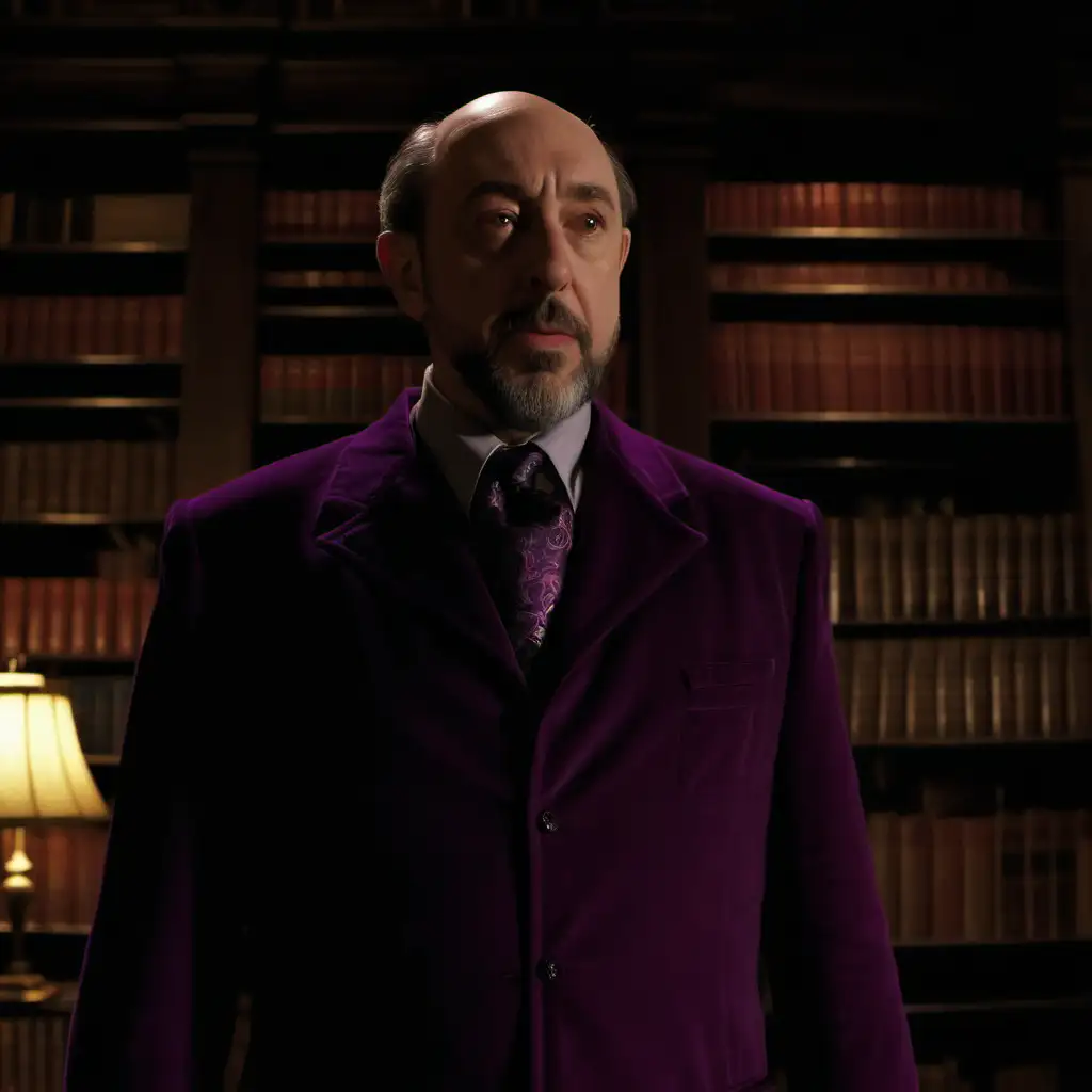 Actor Richard Schiff as Professor Plum jacket tie in dark dimly lit library of large manor house at night