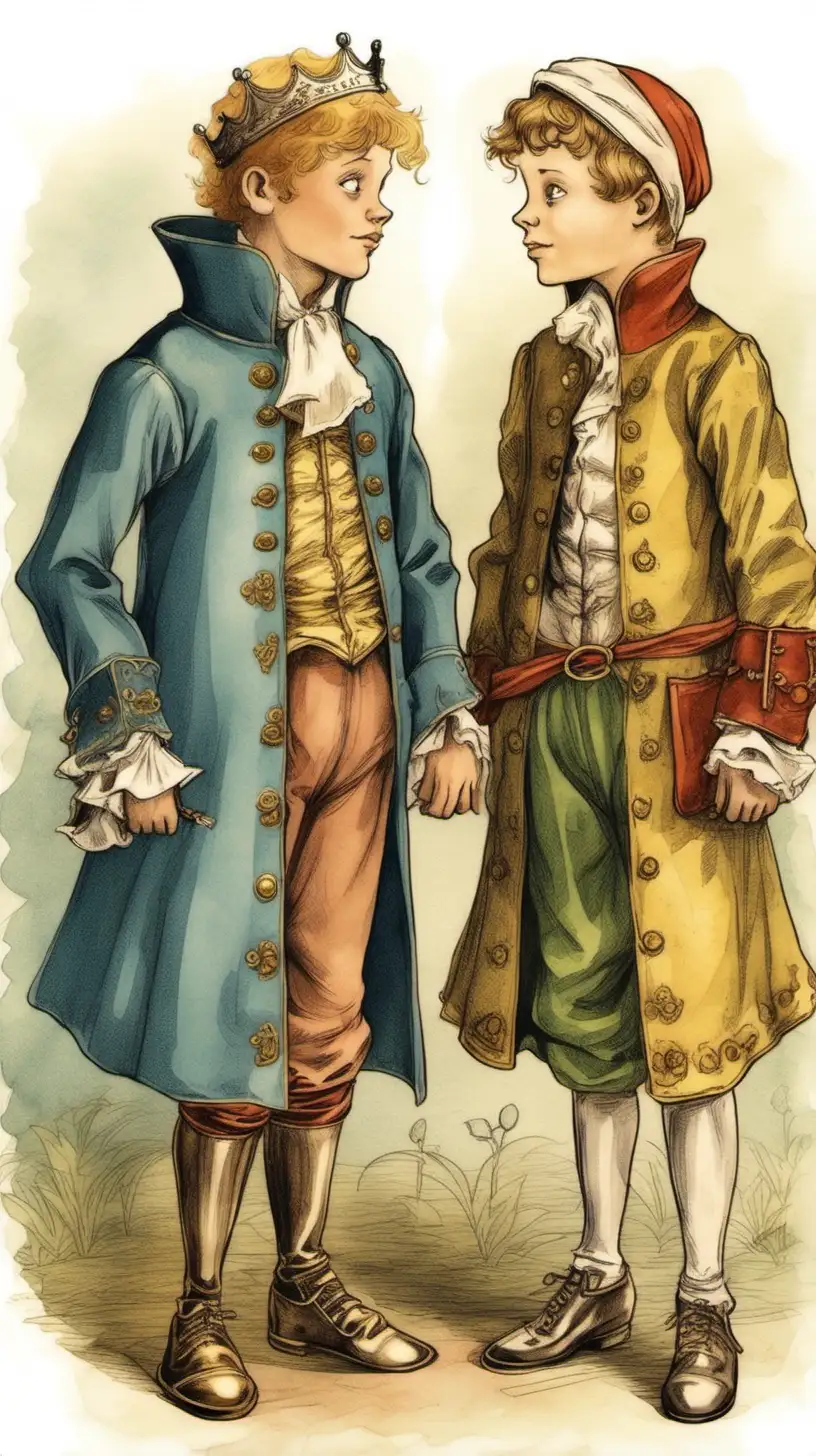 The prince and the pauper have the same face, only their clothes are different.
The prince and the pauper are both young boys

Only the prince wears a crown and royal clothes, and the beggar wears rags and acts shabby.

We are surprised to see each other

cute and tender fairy tale illustrations