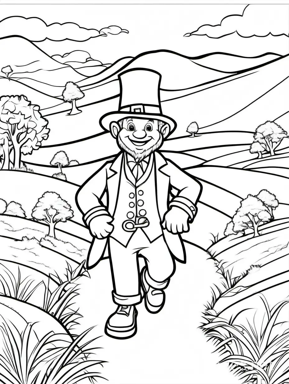 "Imagine you're on a treasure hunt with a mischievous leprechaun. Color in the scene as you follow him through the rolling hills of Ireland in search of his pot of gold.", Coloring Page, black and white, line art, white background, Simplicity, Ample White Space. The background of the coloring page is plain white to make it easy for young children to color within the lines. The outlines of all the subjects are easy to distinguish, making it simple for kids to color without too much difficulty