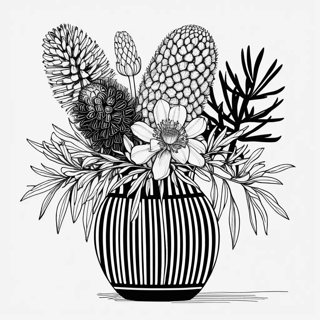 line art black andaphne flowers and banksias in a round stripey vasse
